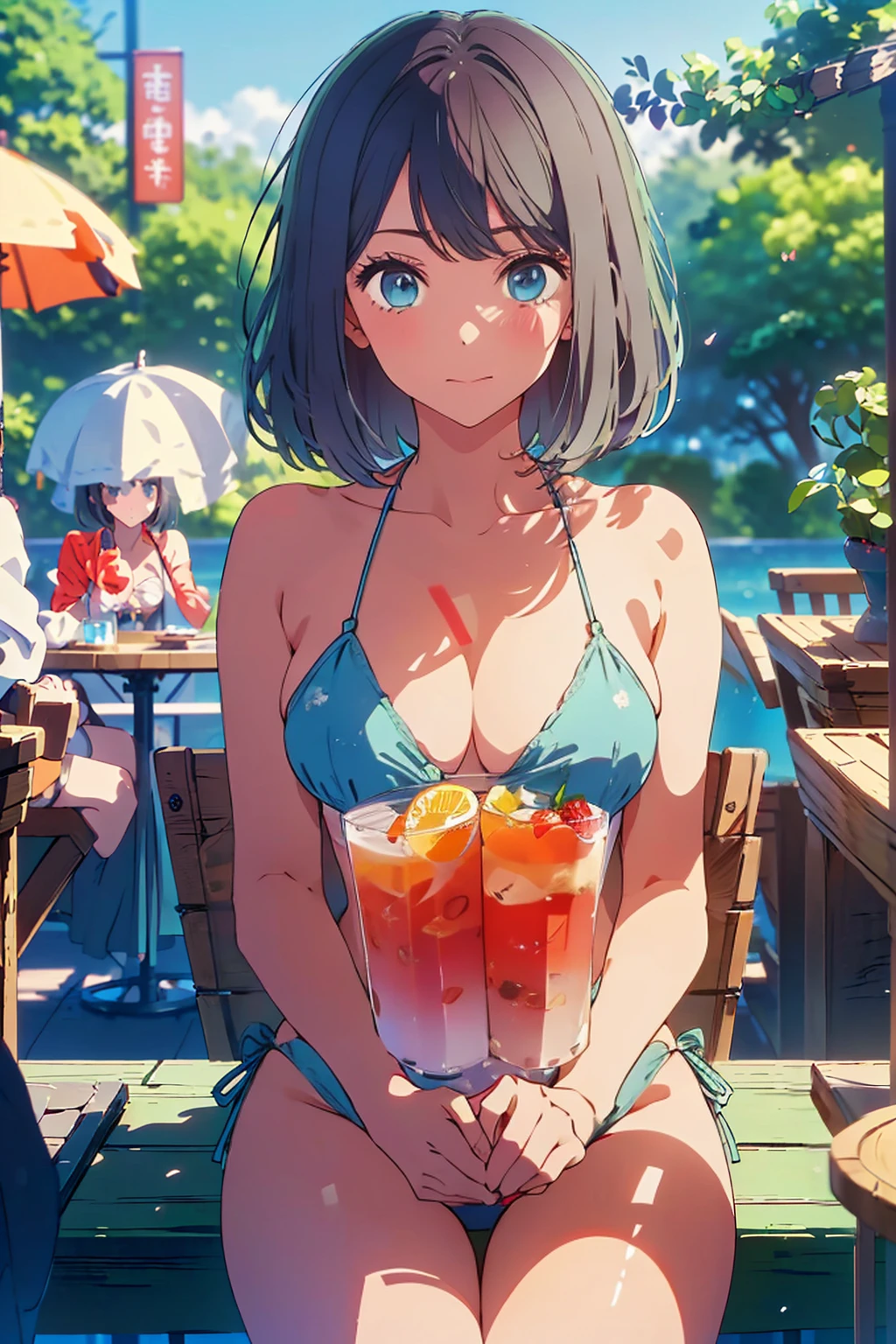 (Highest quality:1.4、masterpiece:1.4、Super detailed:1.4、8K:1.4)、F cup bust、Big Breasts、Slim body、((((1 person、Surprised expression、sit、looking at the camera、Outdoor café terrace、juice、table、Very cute face))))、(Pose of putting hair behind ears with hands:1.4、Cheek resting on hand:1.4)、((nude、Areola、bikini size too small))、Big eyes、((((Shallow depth of field))))