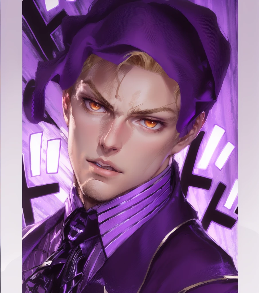 Close-up of a man with blond hair and a purple shirt, beautiful androgynous prince, gentle androgynous prince, handsome guy in demon slayer art, Jojo in anime style, Johan Liebert teaming up with Alucard, made in an anime artist&#39;s studio, Anime portrait of a handsome man, Johann Liebert and Dante, drawn in an anime artist&#39;s studio, androgynous face