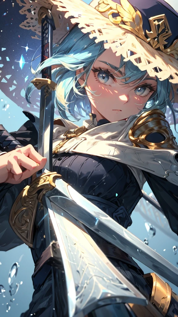 Close-up of a person with a hat and sword, from Girls' Frontline, Discord pfp, From Arknights, Kantai Collection Style, Detailed Anime Character Art, trigger anime art style, On pixiv, Girls' Frontline style, Mischievous grin, by Kamaguruka, everyone, As a great monster hunter, Fine details. Girls' Frontline