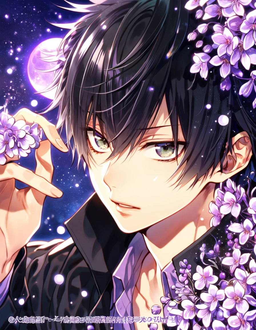 absurdres, highres, ultra detailed, HDR, masterpiece, best quality, Hibari Kyoya, black hair, expressive gray eyes, Katekyo Hitman Reborn!, solo, sexy man, handsome, black coat, purple shirt, starry sky, purple moon, purple blossoms, purple flowers, fantasy, fireflies