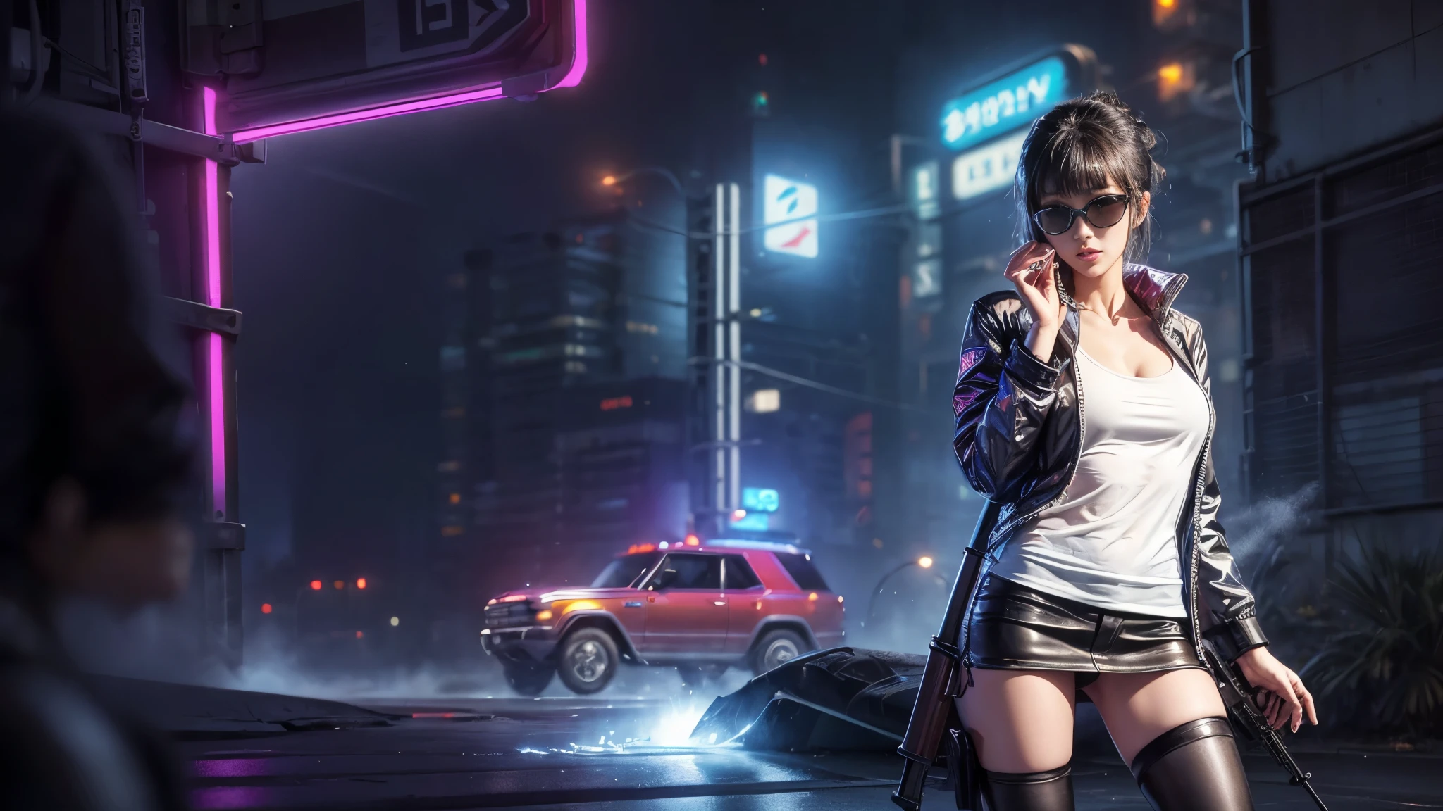 ８k, Realistic Skin Texture, Realistic Photo, Neo Tokyo, slim Japanese women, large-breast:1.3 cleavage, ＡＤ2050 at night, Dirty hunting jacket, Wearing multiple shirts, miniskirt, (((black sunglasses, automatic rifle, sneakers, cold, shooting pose, low angle view))), Innovative composition, revenge, An old 1966 Ford Bronco that looks out of place in a city, cyberpunk, blade runner worldview, Large neon sign, Geisha hologram sign, Strong Wakamoto Sign.