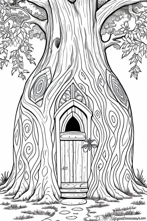 Fairy house hidden in a tree hollow
coloring page