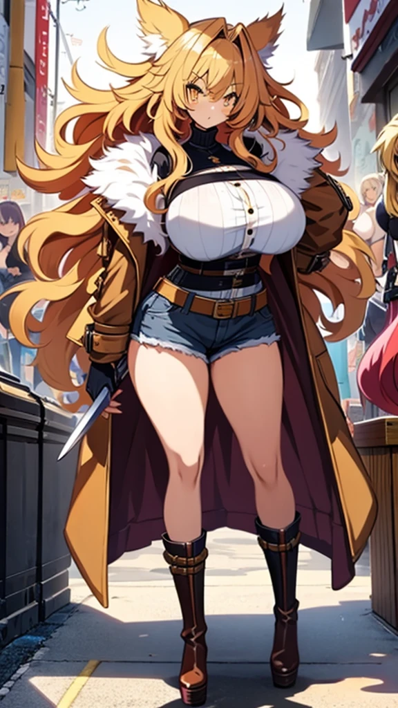 Anime, 1 girl, dijon-colored hair, huge fluffy hairstyle, lemon colored eyes, busty, gorgeous plump body, burnt-umber colored coat, fluffy coat, tight red bustier, Hunter belt, fluffy mini shorts, thicc tighs, fluffy boots, large tail, Holding a gigantic sword