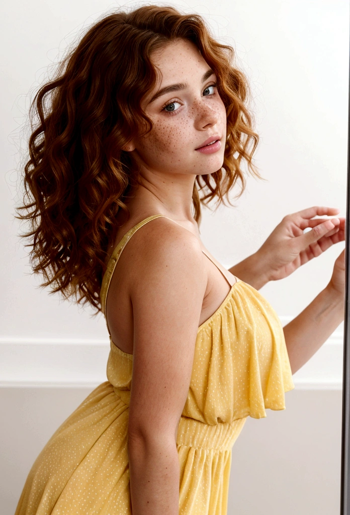 Young woman with fair skin, adorned with freckles on her cheeks, Full body photography, displays an athletic figure. The ultra-realistic photograph, taken with a high-fidelity camera, captures every intricate detail of her skin texture, the vibrant color and natural curls of her red-brown hair, and the captivating depth of her brown eyes. Her curly locks cascade down in luscious waves, each strand shimmering under the soft, natural light. The freckles on her cheeks add a charming touch to her flawless complexion, giving her a youthful and playful look. She is wearing a low-cut yelow dress, she has big breasts, she is taking a selfie.