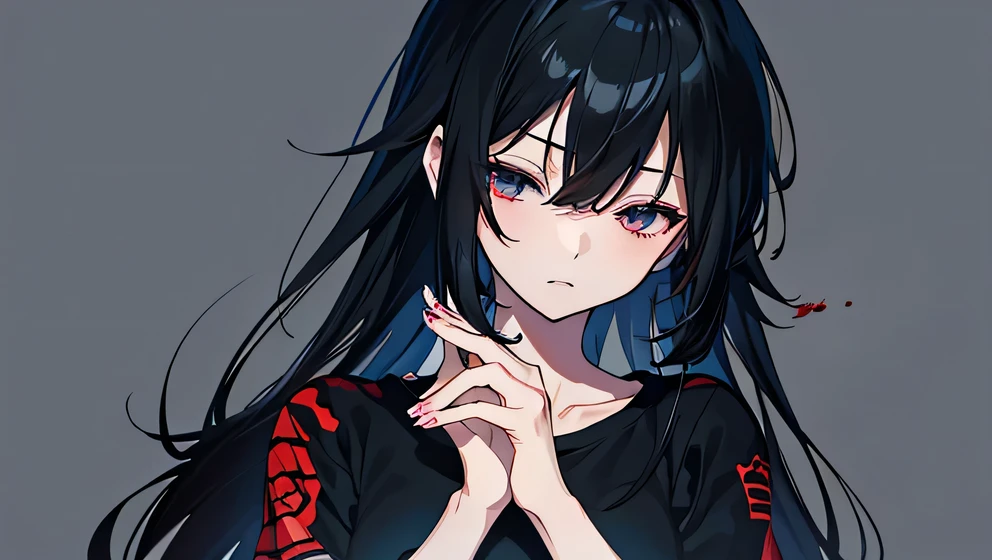 solo、With cruel motives、Dark Kanji、Blood、Wearing a plain black loose T-shirt、Black-haired woman, , Masami Kurumada style, inspired by Yukihiko Yasuda, Look straight ahead(Cover your eyes with your fingers).、The background is a dark image、I covered my eyes with my fingers、