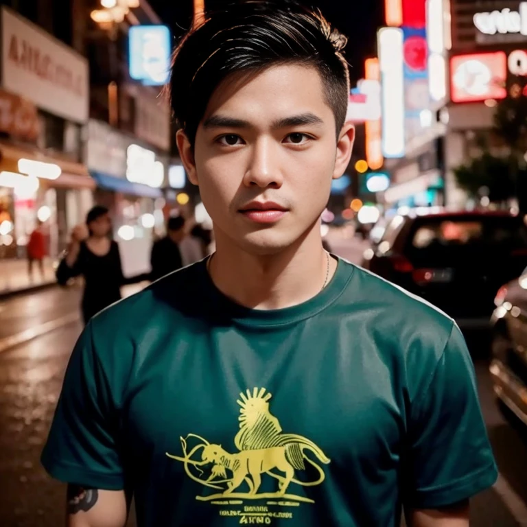 Close-up of a Southeast Asian man with a round face., black eyes, staring at the viewer, morning sun, ((face details)), Double eyelids, realistic, Masterpiece, Highest quality, lens flare, shade, [[Chromatic aberration, digital painting, 8K, 45,000,000,000 pixels,, t-shirt, long hair,black eyes,abdominal muscles, The body is beautiful and strong., digital painting, HDR, high contrast