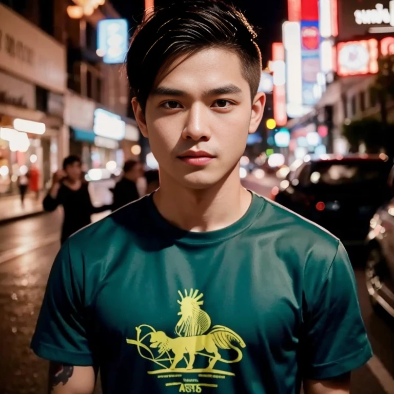 Close-up of a Southeast Asian man with a round face., black eyes, staring at the viewer, morning sun, ((face details)), Double eyelids, realistic, Masterpiece, Highest quality, lens flare, shade, [[Chromatic aberration, digital painting, 8K, 45,000,000,000 pixels,, t-shirt, long hair,black eyes,abdominal muscles, The body is beautiful and strong., digital painting, HDR, high contrast