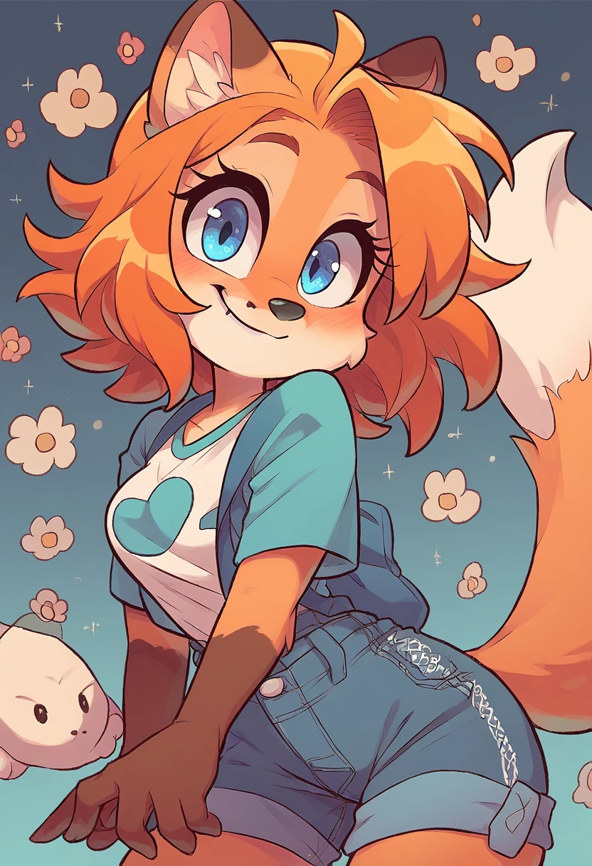 little fox, kid girlfox, yellow hair, ginger fur, blue eyes, cute