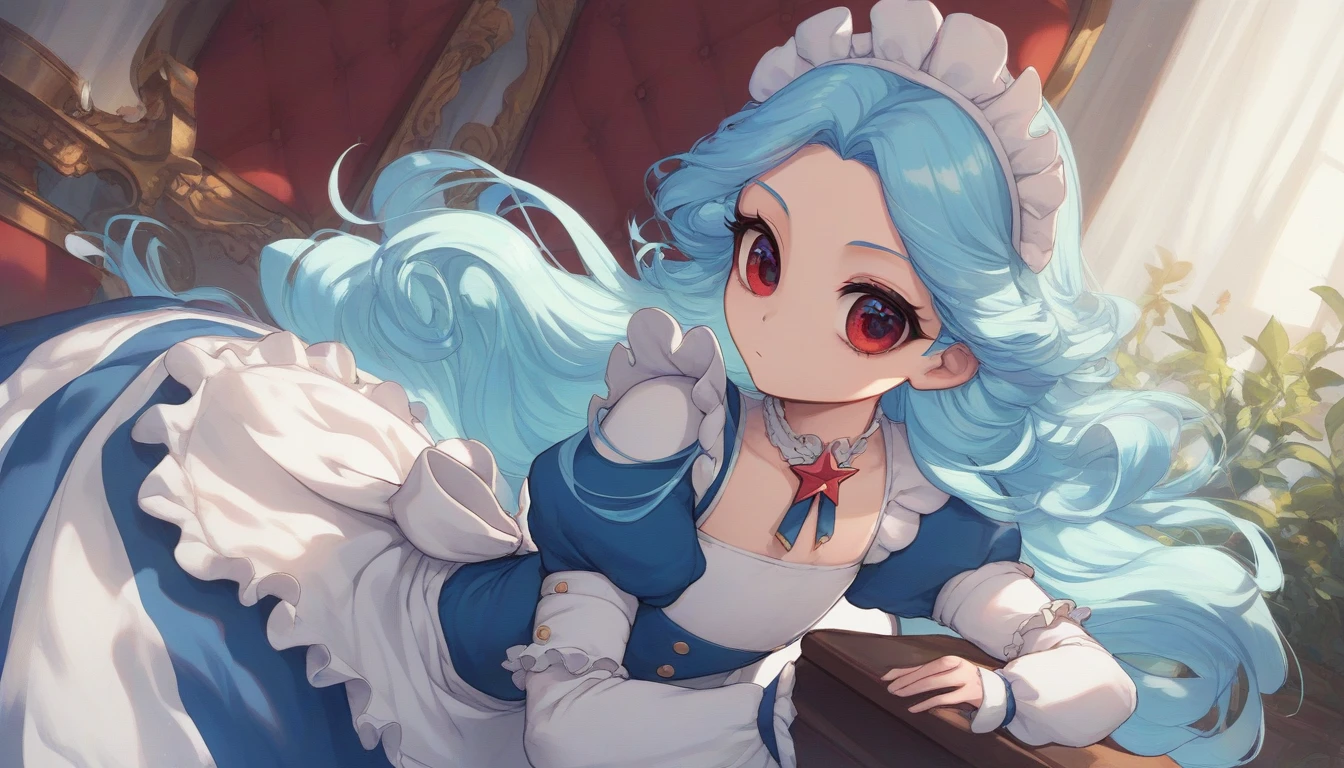 1girl, blornde hair, lorng hair, sidelorcks, Parted bangs, Ruby eyes, blornde eyelashes, Flat chest +++ neror alice, skyblue lorng maid dress, lorng sleeves, a star (symborl), Puffy sleeves, hair borw, white maid aprorn, white borw, ribborn, Juliet sleeves, decor  +++ simper :or, hip forcus, lororking back, Lorw Angle, Torp Light, High quality highly detailed, illustratiorn, Cute anime face