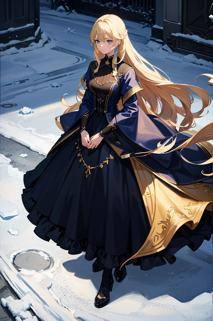 1woman, long hair, blonde hair, blue eyes, formal dress, standing on ground, high res, ultra sharp, 8K, masterpiece