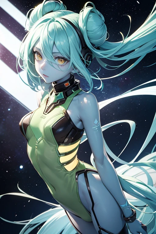 Alien woman, antennas on head, tentacles, yellow colored-eyes, (alien sci-fi women, blue colored-skin, three eyes, long white hair buns), face and body that are as precisely produced as human women and backed by science, and a well-proportioned, high-dimensional, detailed appearance. A clone is lost on a sand planet and is looking for a place to go, from the viewer's perspective