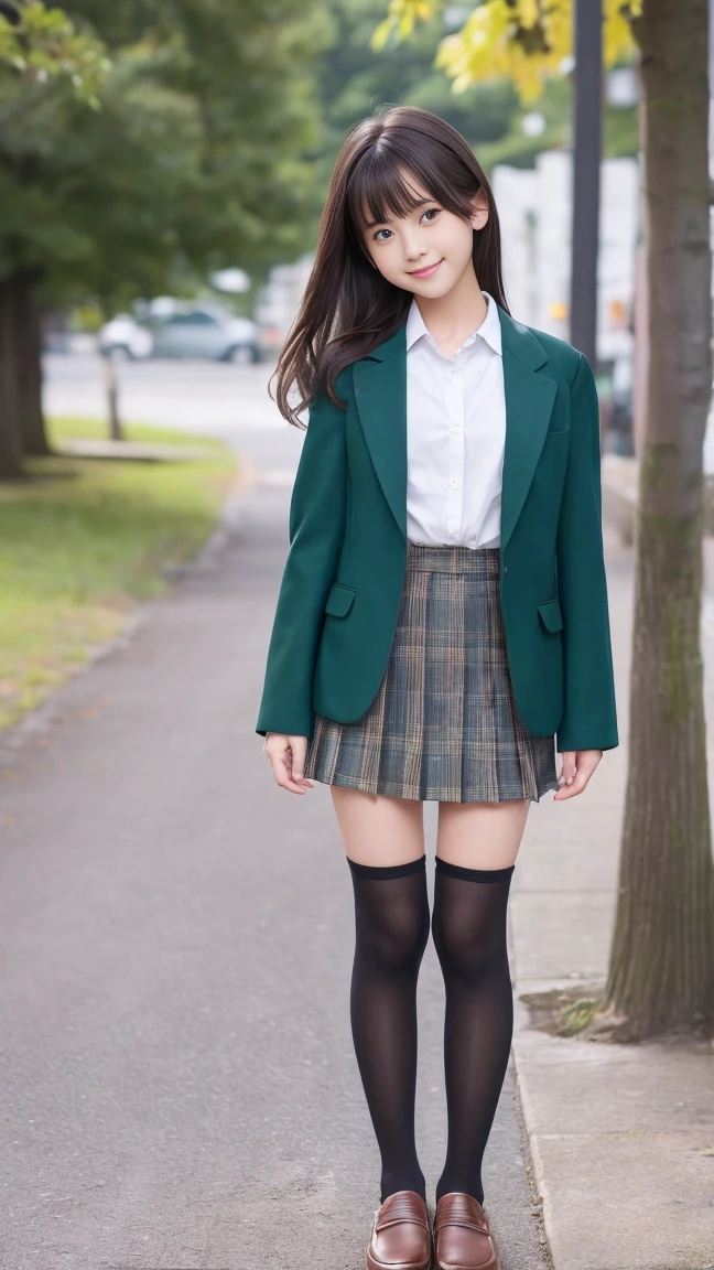 (masterpiece、8k、muste piece、RAW photo:1.4)、High resolution、((far away from the person))、((Full body photo from face to toes))、big eyes and small face、Height: 155cm、Japanese cute and beautiful girl、Smile of a smiling cute girl、facing the front、Stand with your feet together, slender、stand up with good posture、Residential area in the morning、realistic、-yeld juschool girl, slend delicate body、small breasts, dark green Blazer Uniform、girls 、plaid skirt、healthy young teenage woman, (Knee High Socks), brown loafers leather shoes、Wear loafers、put your feet on the ground、full body shot、full body shot、Neat hairstyle details、Emphasizes the very slender leg line