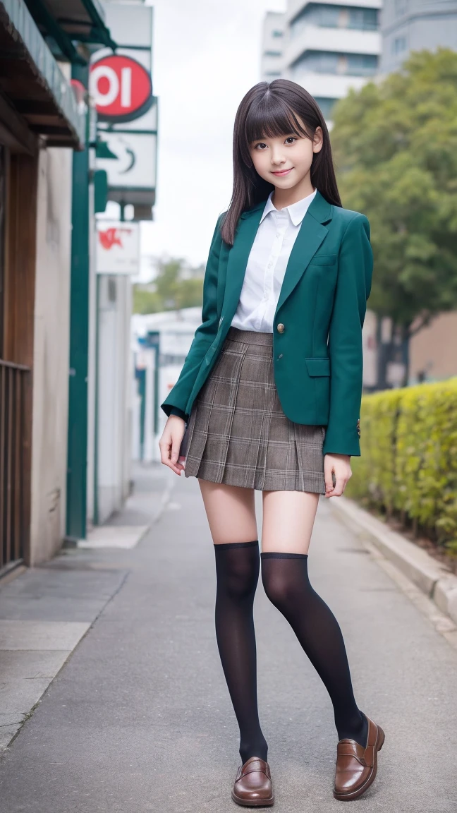 (masterpiece、8k、muste piece、RAW photo:1.4)、High resolution、((far away from the person))、((Full body photo from face to toes))、big eyes and small face、Height: 155cm、Japanese cute and beautiful girl、Smile of a smiling cute girl、facing the front、Stand with your feet together, slender、stand up with good posture、Residential area in the morning、realistic、-yeld juschool girl, slend delicate body、small breasts, dark green Blazer Uniform、girls 、plaid skirt、healthy young teenage woman, (Knee High Socks), brown loafers leather shoes、Wear loafers、put your feet on the ground、full body shot、full body shot、Neat hairstyle details、Emphasizes the very slender leg line