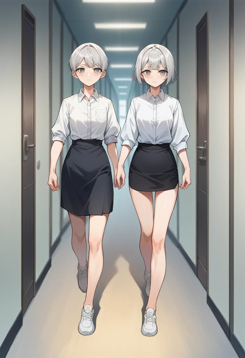 (Tall Girl,Silver Hair,Wavy short haircut,Grey Eyes,Medium Chest,Medium sized butt)White shirt,Black short skirt,woman walking down the school hallway
