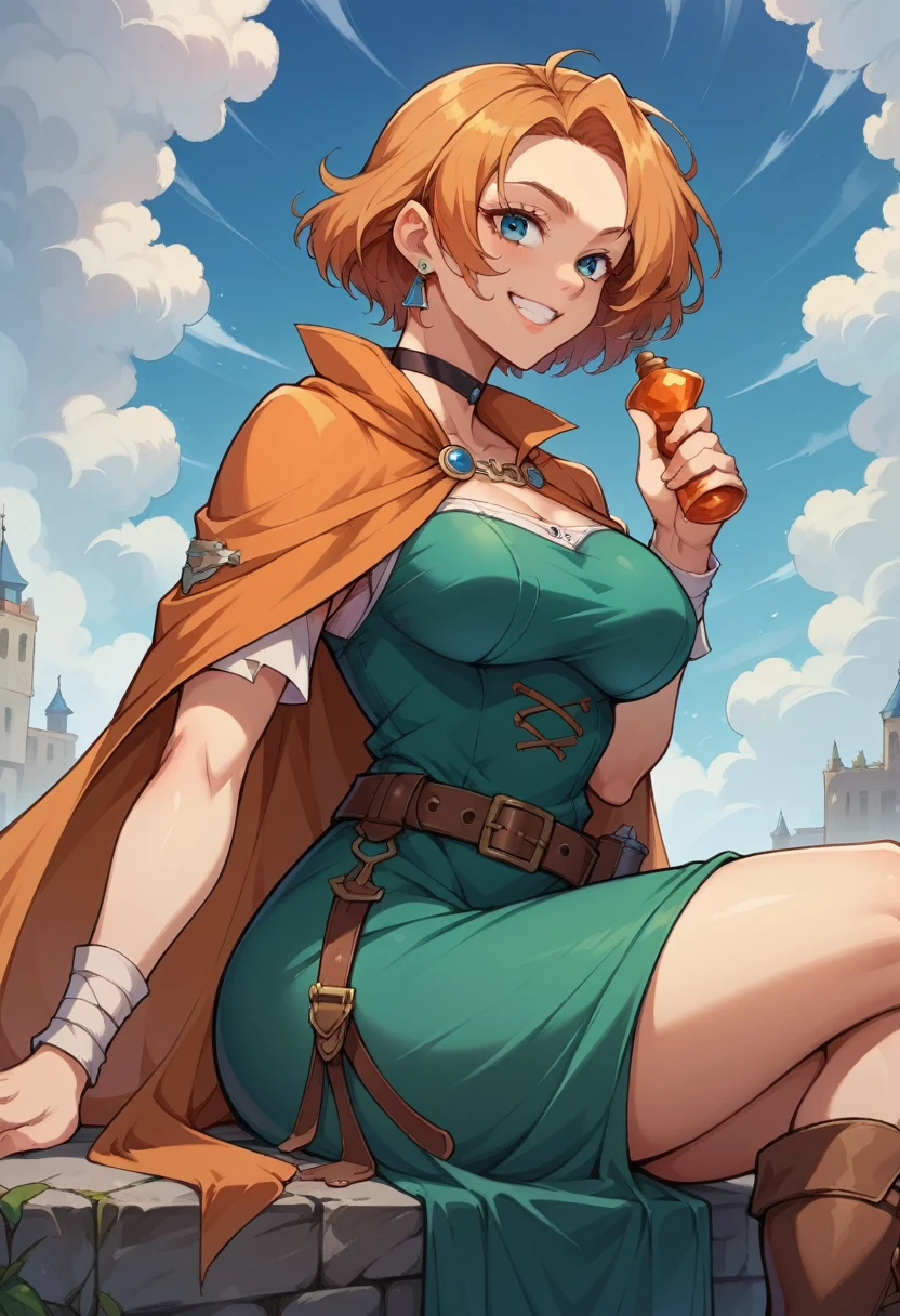 score_9, score_8_superior, score_7_superior, sauce_Anime BREAK 1 Girl, alone, DQ Bianca, Single Blade, Hair that falls over the shoulders, Earrings, choker, Orange Cape, Green Dress, belt, (Large Breasts:0.9), boots, Sitting, From the side, looking superior, blue sky, smile, I&#39;m watching you, Highest quality, 