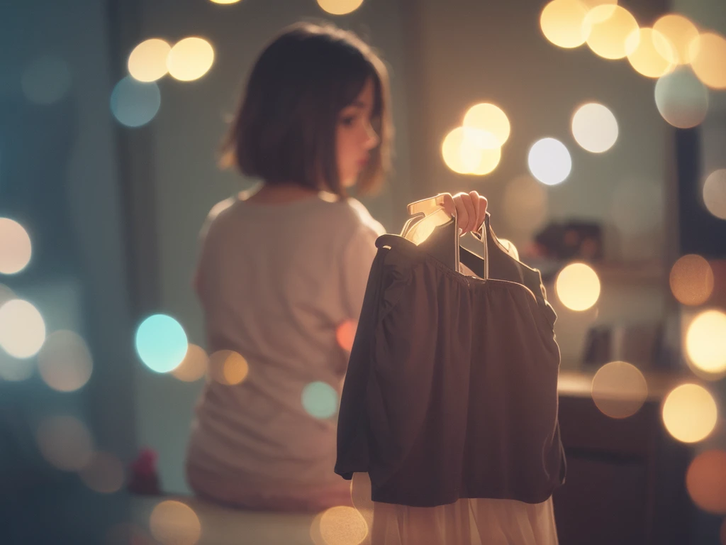 Voyeur , (old color negative film) , (soft focus) , (Bokeh:1.5) , woman , woman's messy room , (Activities of daily living) , underwear , looking away , Change clothes