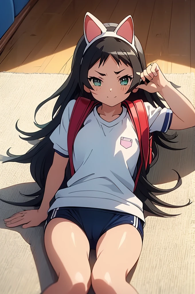 masterpiece, ultra quality, ultra sharp, ultra detailed, 1girl, solo, (((good anatomy))), haduki kurumi, (tattered torn dripping wet white gym shirt), navy gym pants, animal ears, randoseru, name tag, Japanese anime pose, laugh, BurumaShorts, Buruma, Gym Uniform, (((lying:1.4,  spread_legs, legspread, split_legs, spreading legs)), (randoseru backpack:1.4), (smirk smile), buruma, blue buruma, black buruma, (cameltoe), (tattered torn short sleeve white gym uniform with colored hem), (tiny nipples), (white long loose socks), strong lighting, legspread, bukkake, cum on clothes, cum on legs, cum on buruma, cum on bloomers,