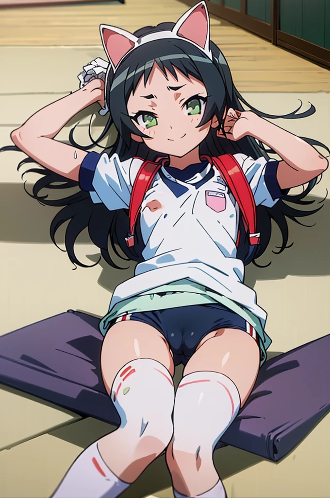 masterpiece, ultra quality, ultra sharp, ultra detailed, 1girl, solo, (((good anatomy))), haduki kurumi, (tattered torn dripping wet white gym shirt), navy gym pants, animal ears, randoseru, name tag, Japanese anime pose, laugh, BurumaShorts, Buruma, Gym Uniform, (((lying:1.4, spread_legs, legspread, split_legs, spreading legs)), (randoseru backpack:1.4), (smirk smile), buruma, blue buruma, black buruma, (cameltoe), (tattered torn short sleeve white gym uniform with colored hem), (tiny nipples), (white long loose socks), strong lighting, legspread, bukkake, cum on clothes, cum on legs, cum on buruma, cum on bloomers,