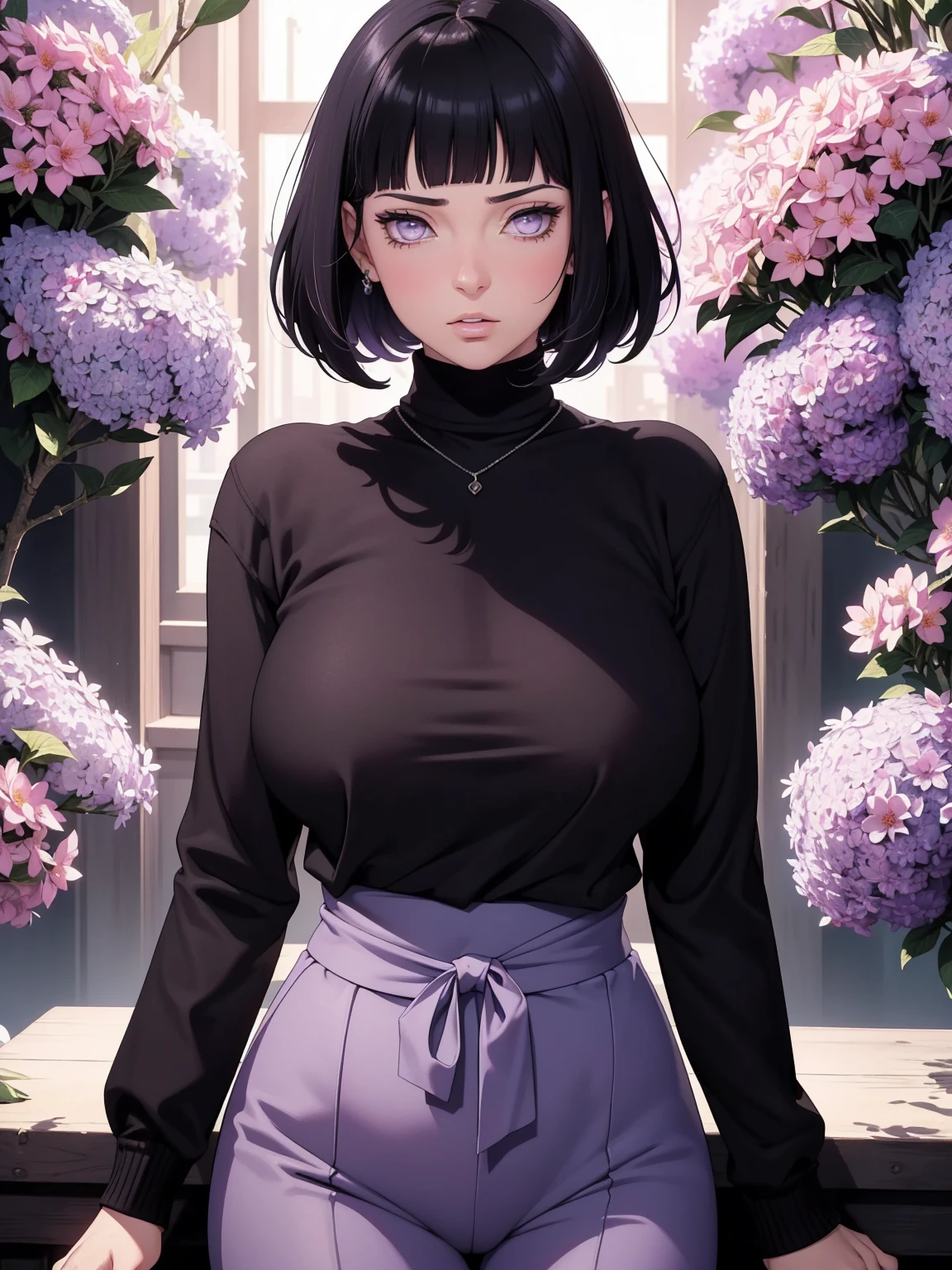 { - anatomy error} (Masterpiece - Ultra-detailed, very high resolution) (huge titusty, masterpiece, absurdres, hinata\(boruto\), 1girl, solo,mature female, lilac turtleneck blouse, black pant, looking at viewelling petals), perfect composition, detailed lips, big breast, beautiful face, body propotion, blush, (pink lips), short hair, (black hair), purple eyes, soft gaze, super realistic, detailed, photoshoot, realistic face and body, closed mouth , lilac eyes, upper body, hidden hands, perfect fingers, inocent face, dynamic poses