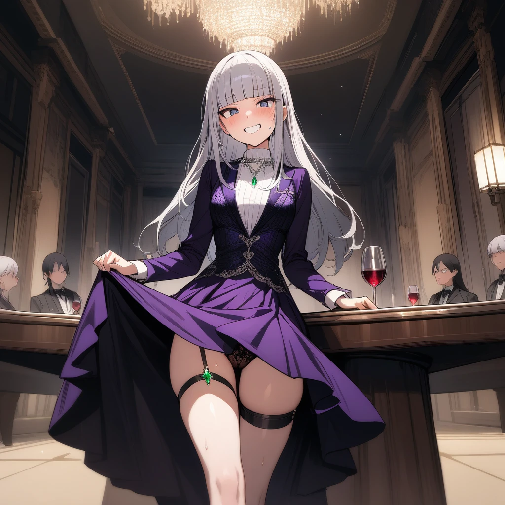 (masterpiece),(best quality),very aesthetic,(ultra-detailed),(illustration),nsfw,1girl,,slender,long hair,silver hair,straight hair,(blunt bangs),dark blue alluring eyes,(annoyed:0.8),grin,sweat,wine glass,drunk,(skirt hold),bows lightly,crossed legs,standing,(head tilt:0.5),Gorgeously carved stone walls,An elegant and sophisticated outfit perfect for a party, featuring a purple velvet dress with green lace accents,long sleeves,Silver necklace with embedded emerald gemstone,toxic dark green lace panties,Guest house of Western aristocracy,Luxurious and spacious halls,High ceiling,table,A sumptuous meal is laid out on tables,cowboy shot,pantyshot,crowded with Mob Western aristocrats chatting with each other,(thigh strap,Knife strapped to thigh strap.:1.2)
