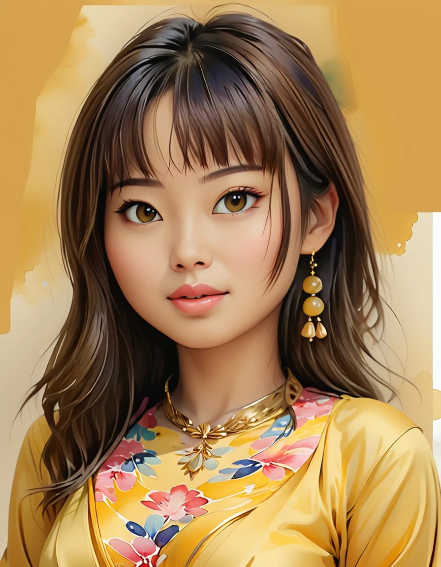 Japanese woman, watercolor pastels vector art Very beautiful woman, painting, thin lines ink contours, sketch, dress, body curves, movement, glamour, gold thick chocker in your neck, yellow with neckline dress, concept art, aesthetic, bohemian, juicy colors, beautiful face, plump lips, big eyes, thinnest waist, gorgeous figure, perfect female body, hyper-detailed.