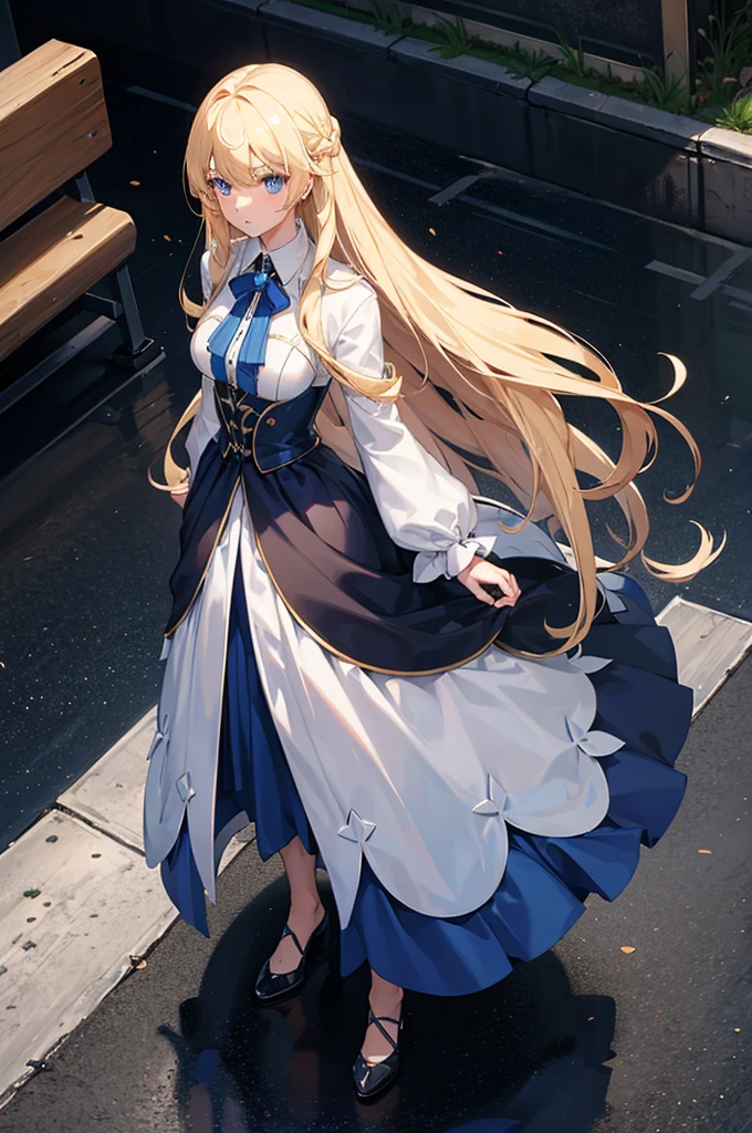 1woman, long hair, blonde hair, blue eyes, formal dress, standing on ground, high res, ultra sharp, 8K, masterpiece