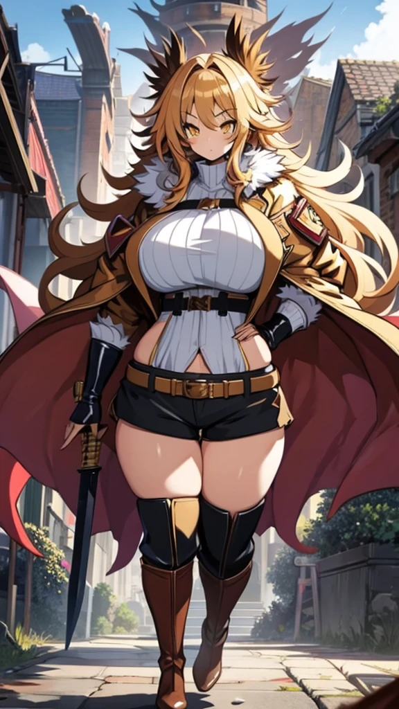 Anime, 1 girl, dijon-colored hair, huge fluffy hairstyle, lemon colored eyes, busty, gorgeous plump body, burnt-umber colored coat, fluffy coat, tight red bustier, Hunter belt, fluffy mini shorts, plump tighs, fluffy boots, large tail, Holding a gigantic sword, background filled of dead dragons