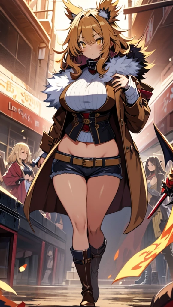 Anime, 1 girl, dijon-colored hair, huge fluffy hairstyle, lemon colored eyes, busty, gorgeous plump body, burnt-umber colored coat, fluffy coat, tight red bustier, Hunter belt, fluffy mini shorts, plump tighs, fluffy boots, large tail, Holding a gigantic sword, background filled of dead dragons