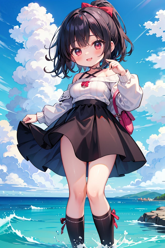 Fantasy,((Masterpiece)),((high resolution)),((Best Quality)),Anime illustration,((1girl)),(wavy hair),(short hair),(black hair color),small ponytail,Red eyes,(Big round eyes),((tareme)),(()),15 yeby face)),((verasts)),Short stature,Young,((loli)),,,Off-the-shoulder eater,Long skirt,smile,Ladylike,blue sky,