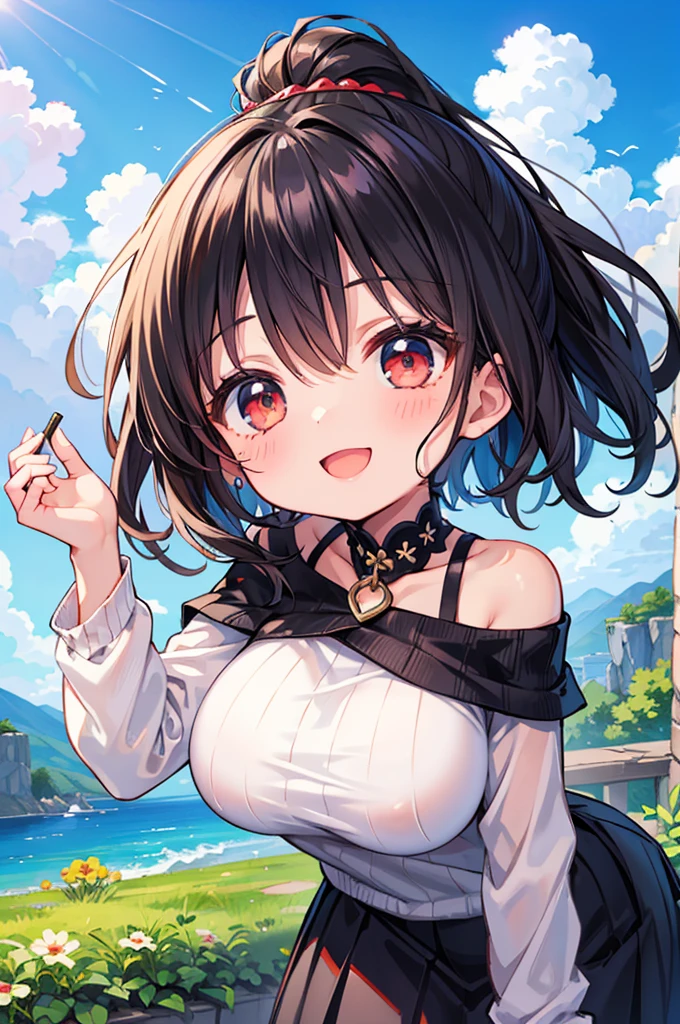 Fantasy,((Masterpiece)),((high resolution)),((Best Quality)),Anime illustration,((1girl)),(wavy hair),(short hair),(black hair color),small ponytail,Red eyes,(Big round eyes),((tareme)),((child)),,((baby face)),((very big breasts)),Short stature,Young,((loli)),,,Off-shoulder sweater,Long skirt,smile,Ladylike,blue sky,