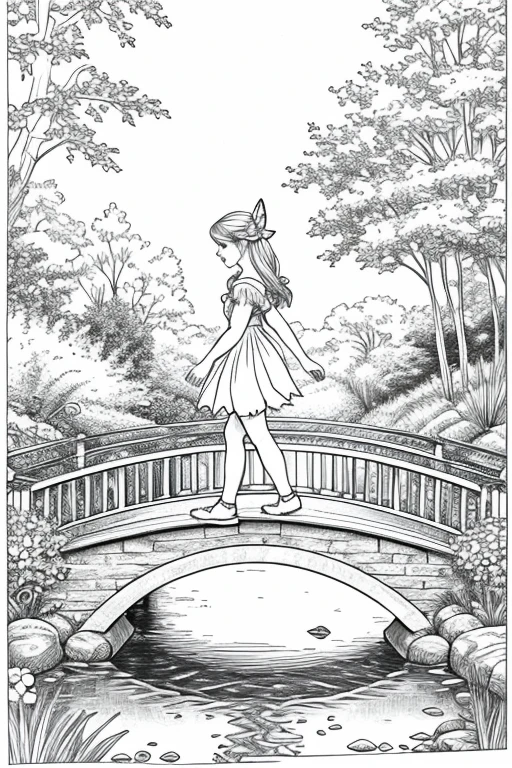 Fairy walking on a bridge over a stream
coloring page