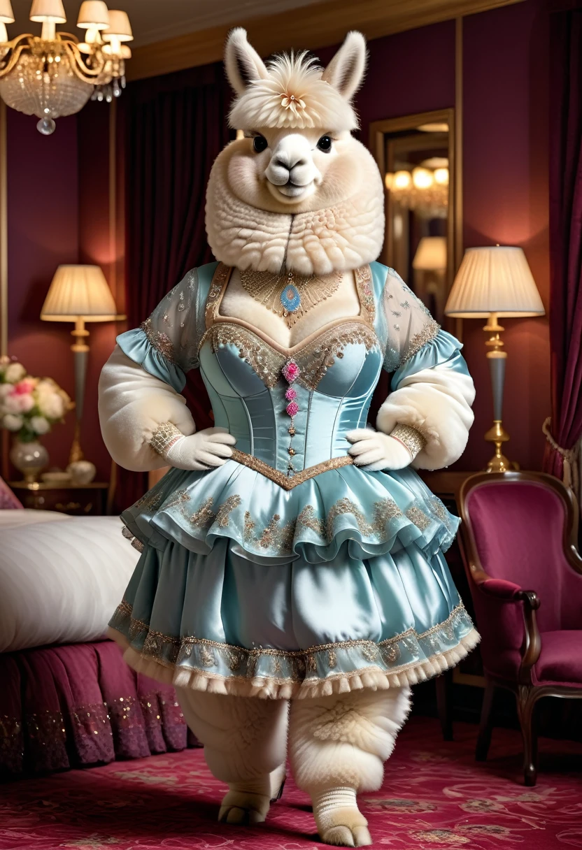 photorealistic portrait of Dressed animals-a ((fat)) ((angora alpaca)) dancer,(furry:1.5), (elegant pose:1.5), (hands on hips:1.5),(smile:1.5),high quality,(happy),(lovely) ,intricate details, Wearing bustier, (), highly detailed ((bustier)) ,highly detailed decorations of clothes, Fishnet panty horse , (happy), soft lighting,(full body image:2.0),luxury hotel room background,(high heels),