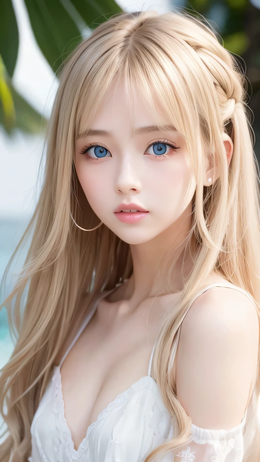 Super long straight silky blonde hair、Bangs hanging over the eyes、bangs on the face、A woman with beautiful, bright, large blue eyes is taking a photo, gorgeous young beautiful model, Portrait of Sophie Mudd, Beautiful female model, cute young beautiful girl, Portrait of a beautiful model, Beautiful Woman Photos, Perfect Face, 16 year old beautiful girl model, Beautiful young face, Blonde beautiful girl、Small Face Beauty、Round face、Tshirt、Ample Bust