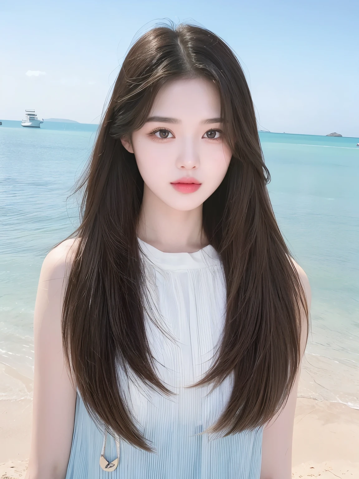 masterpiece,Best quality,Girl with cold straight brown hair,Long straight hair,Flowing long hair,Facing the camera,Middle-parted bangs,Sweet girl,Exquisite facial features,20 years old,Chinese Girl,