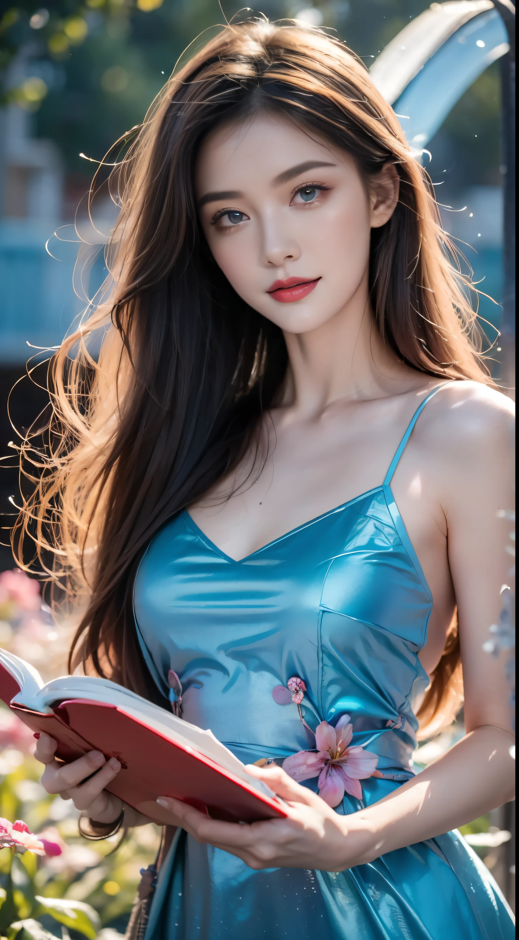 (best quality, masterpiece), 1 Girl, read a book, particle, wind, flower, Upper Body, Simple background, Looking at the audience, Rainbow Hair, Teal Short Flowy Dress, universe, nebula, galaxy