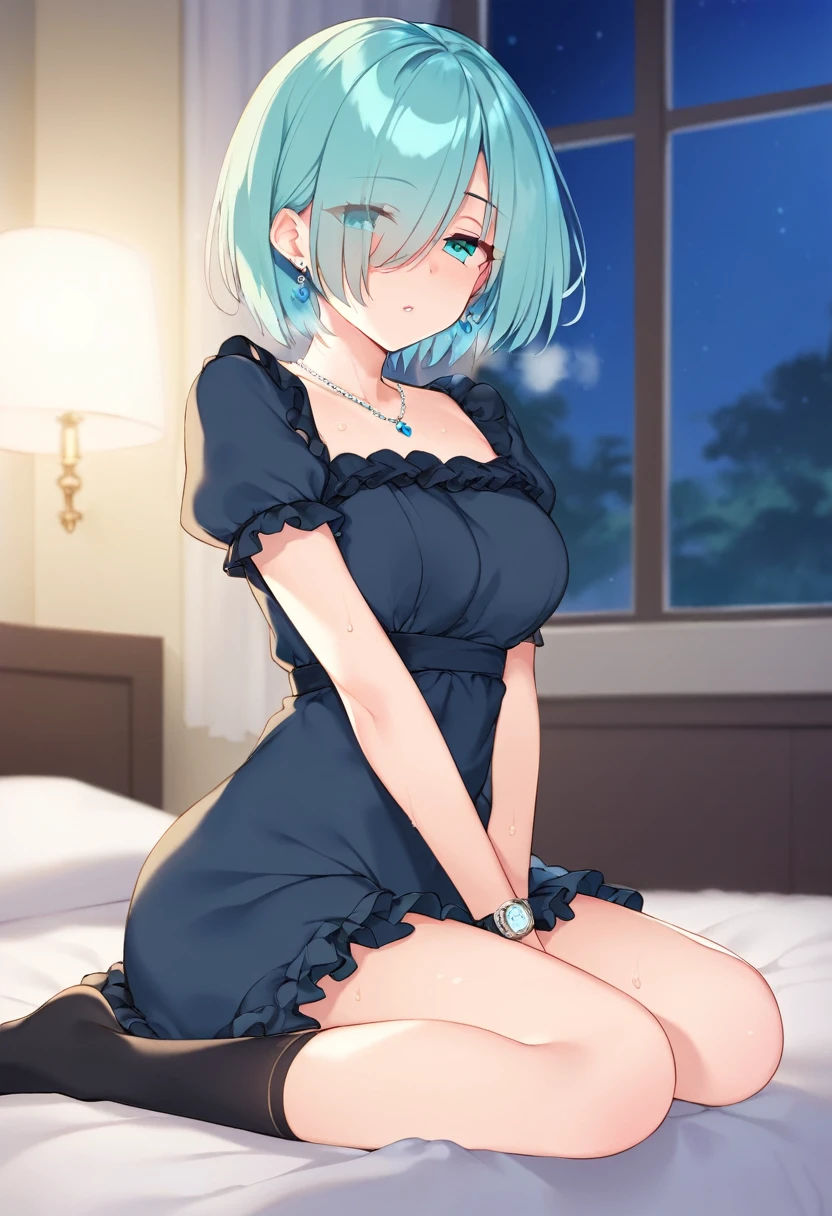 (8k, masterpiece, best quality, ultra-detailed, an extremely delicate and beautiful, official style, depth of field, highly detailed, very aesthetic, intricate, overall detail, perfect anatomy), looking at viewer, face forcus, indoors, night, hotelroom, sit, on bed, 1girl, solo, aqua hair, short hair, aqua eyes, hair over right eye, hair over eyes, eyes visible through hair, half-closed eyes, faint lips, medium breasts, (navy dress, frilled dress, short sleeves), black socks, blue earrings, blue necklace, silver watch, sweat, breath, gleaming skin