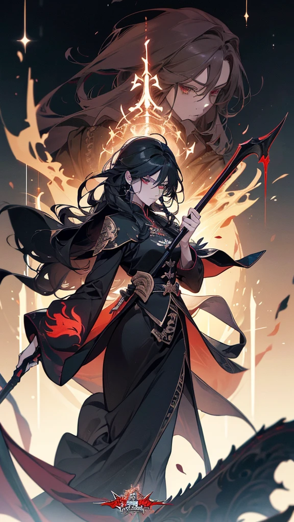 Holding a sickle、Close-up of a woman standing on a scythe, Jan J, Kschaert Krentz Key Art Feminine, Dark Sorceress Full View, Written by Ku Lei Lei, by Zhou Chen, Dark magician full body pose, Jan Jin, by Han Gan, Magnificent and elaborate character art, by Shen Zhou, Dark fantasy art