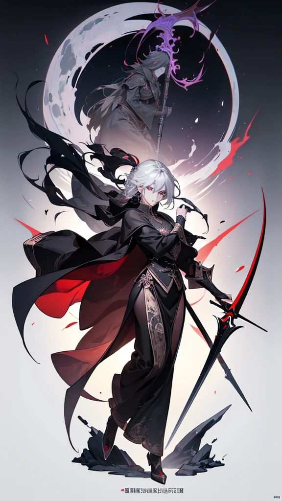 Holding a sickle、Close-up of a woman standing on a scythe, Jan J, Kschaert Krentz Key Art Feminine, Dark Sorceress Full View, Written by Ku Lei Lei, by Zhou Chen, Dark magician full body pose, Jan Jin, by Han Gan, Magnificent and elaborate character art, by Shen Zhou, Dark fantasy art