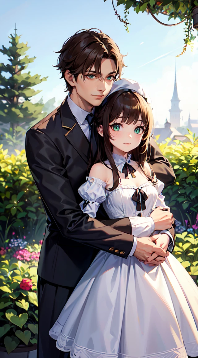 white skin woman, with green eyes , brown fur, white and green lolita clothing, smiling. Hugging a taller man with dark brown hair., brown eyes and white beret. Smiling in love. beautiful poses., Good quality, garden background with plants. flirtatious  , beautiful poses, lovers, boy and girl, 