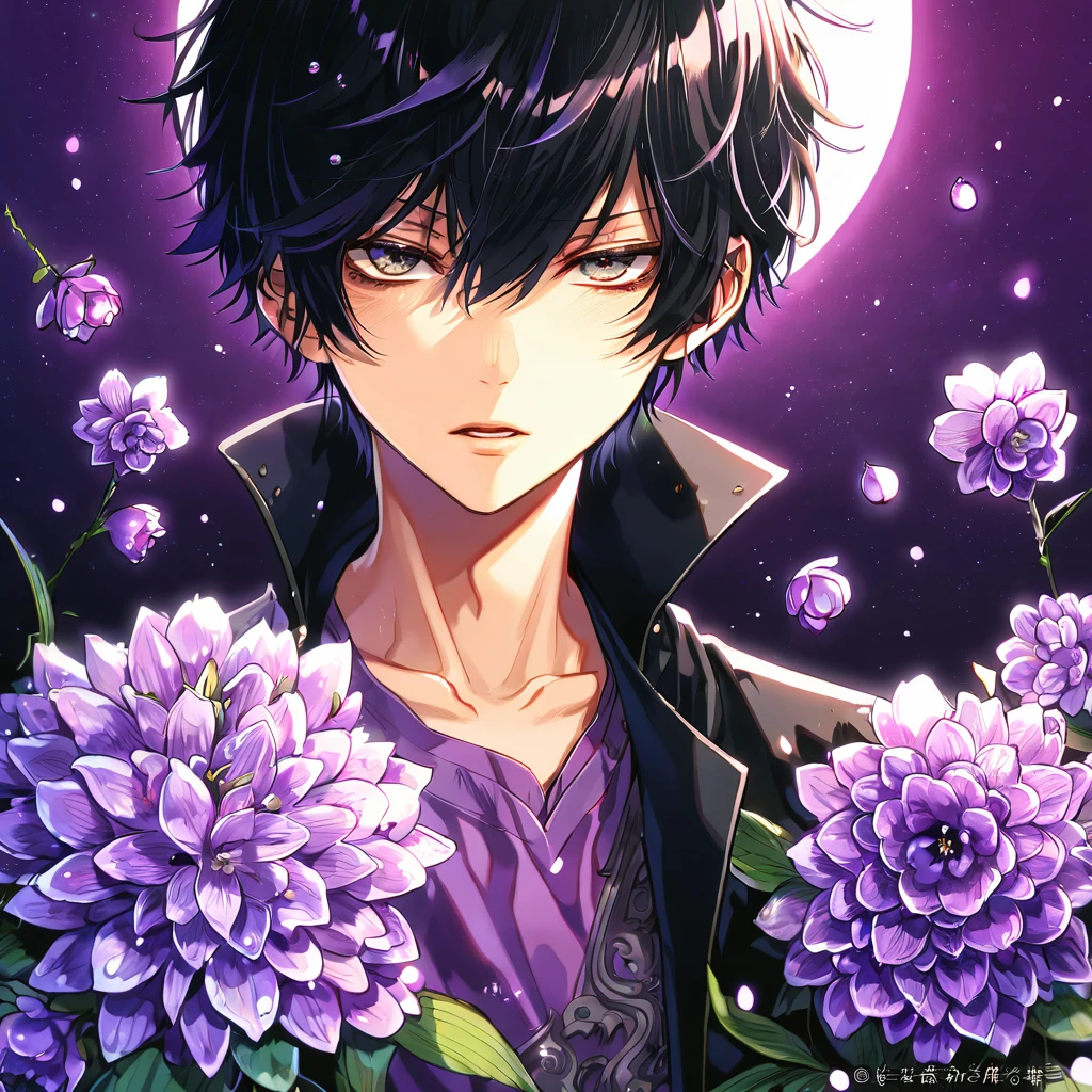 absurdres, highres, ultra detailed, HDR, masterpiece, best quality, Hibari Kyouya, black hair, expressive gray eyes, Katekyo Hitman Reborn!, solo, sexy man, handsome, black coat, purple shirt, starry sky, purple moon, purple blossoms, purple flowers, fantasy, fireflies