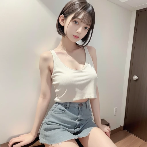 photos showing the entire body, including legs.
She is a very cute 20y Japanese pure-type heroine with idol-like qualities. She has fair skin, a slender body, and a typical neat, elegant appearance of a pure-type heroine.
She wears a simple yet torn, ripped and tattered sleeveless white V-neck top that highlights her upper chest line,
and a torn, ripped and tattered high-thigh-length very short gray mini-skirt.
Her hair is black, straight, styled in a half-up look with some hair tucked behind her ears.