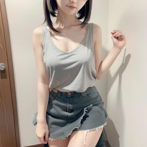 photos showing the entire body, including legs.
She is a very cute 20y Japanese pure-type heroine with idol-like qualities. She has fair skin, a slender body, and a typical neat, elegant appearance of a pure-type heroine.
She wears a simple yet torn, ripped and tattered sleeveless white V-neck top that highlights her upper chest line,
and a torn, ripped and tattered high-thigh-length very short gray mini-skirt.
Her hair is black, straight, styled in a half-up look with some hair tucked behind her ears.