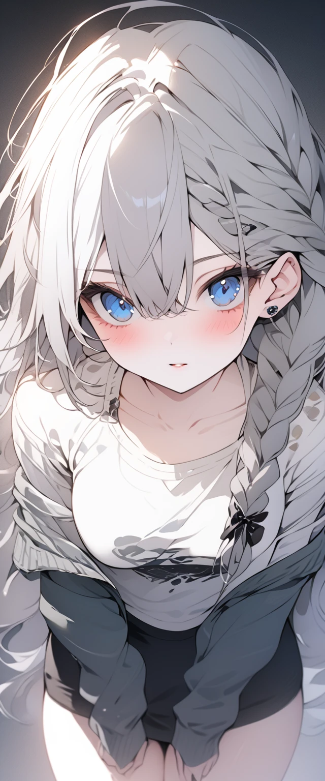 beautiful, masterpiece, Highest quality, anime, One girl, C Cup,Portrait Shot, View your viewers, Covered、Long Hair、nearby、Blue Eyes、art、、White hair,Blue streaked hair, dark atmosphere、Thighs、Braid、Torn_Rough shirt、