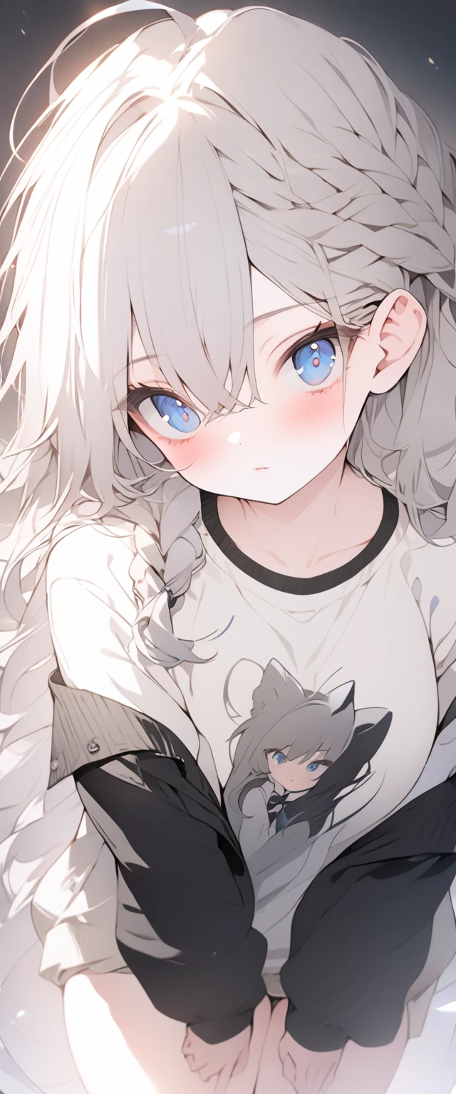 beautiful, masterpiece, Highest quality, anime, One girl, C Cup,Portrait Shot, View your viewers, Covered、Long Hair、nearby、Blue Eyes、art、、White hair,black streaked hair, dark atmosphere、Thighs、Braid、Casual clothes、