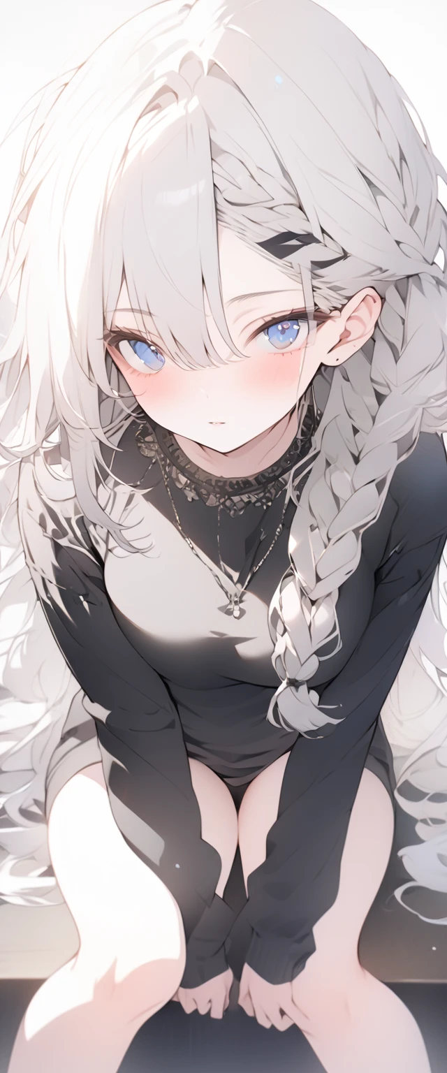 beautiful, masterpiece, Highest quality, anime, One girl, C Cup,Portrait Shot, View your viewers, Covered、Long Hair、nearby、Blue Eyes、art、、White hair,black streaked hair, dark atmosphere、Thighs、Braid、Casual clothes、