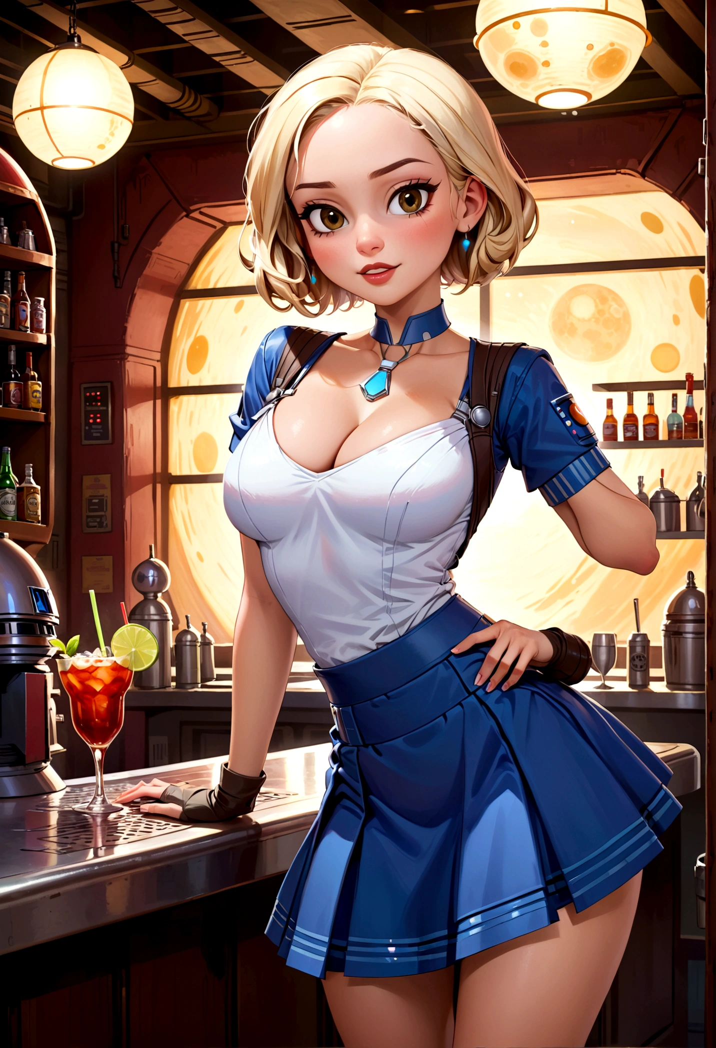 A cute woman in a sci fi waitress outfit (deep neckline, mini skirt, safe for work) is working at a Star Wars cantina serving drinks to wild and rowdy aliens.