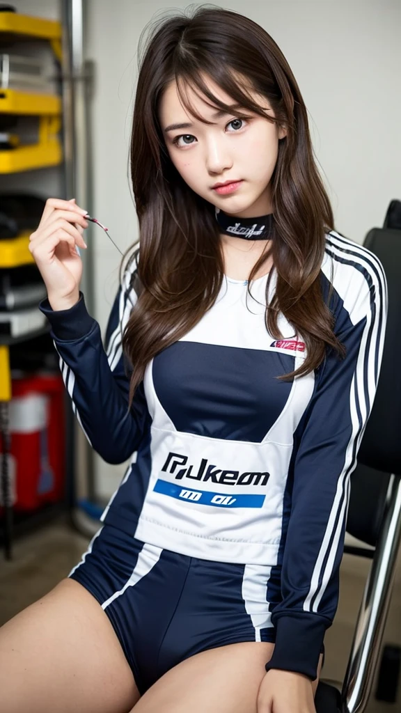  girl 18-year-old Hairstyle Casual,  wearing racing suit in pit room sit on chair