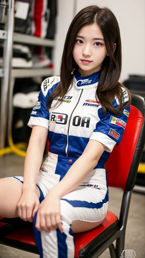  girl 18-year-old Hairstyle Casual,  wearing racing suit in pit room sit on chair