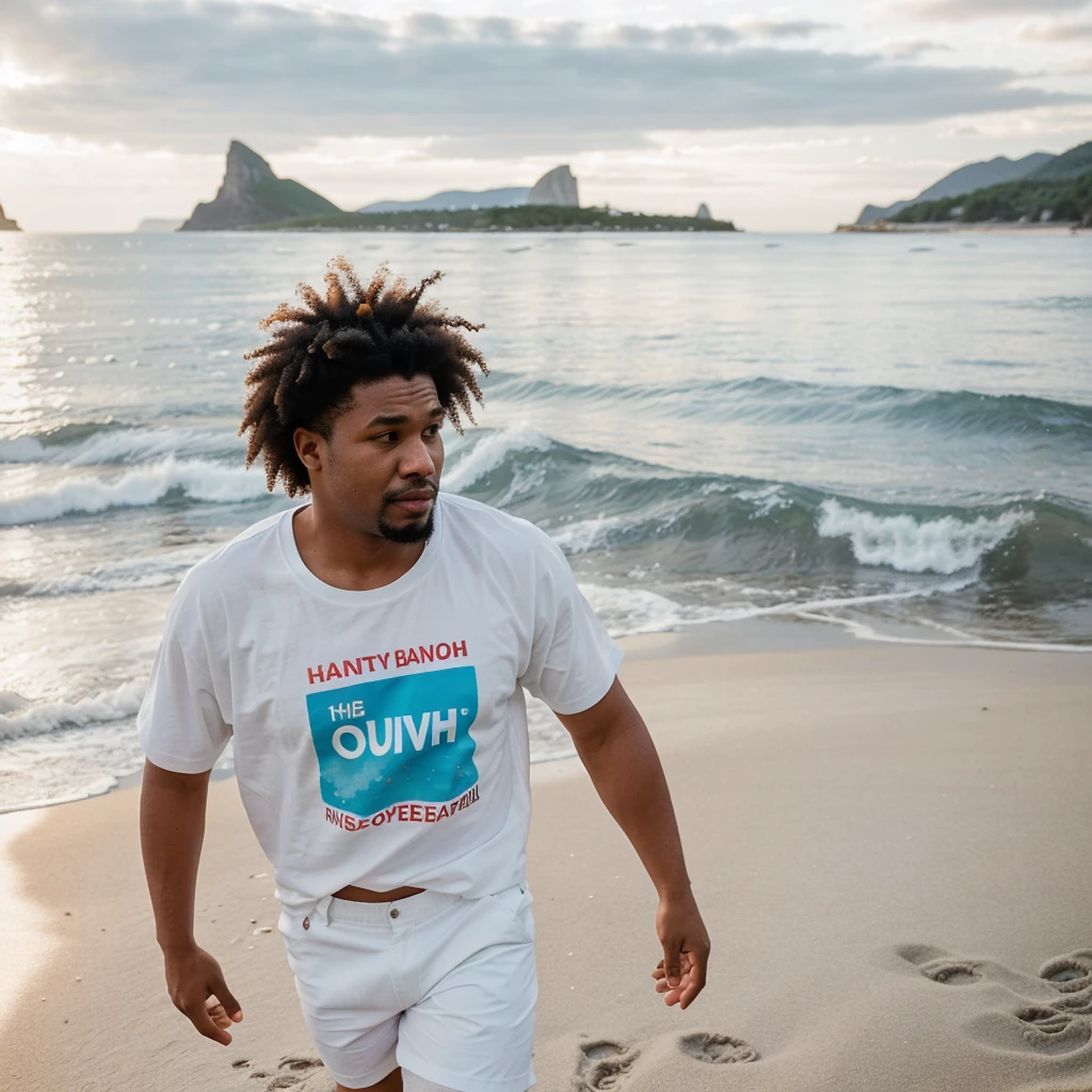 photography made with a DSLR camera d800 lens 1.8, speed 1300, realisitic, naughty man, wide nose, afro face, 30years, walking along the beach, knee-deep in sea water, White shorts, blue social shirt, baldie, offwhite, in the background a horizon with mountains and a sunset, nblurry background