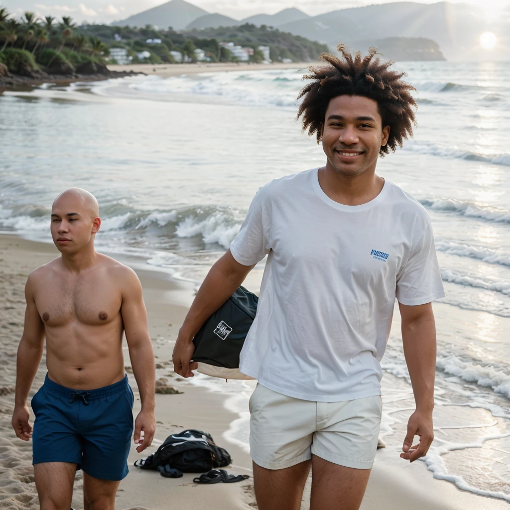 photography made with a DSLR camera d800 lens 1.8, speed 1300, realisitic, naughty man, wide nose, afro face, 30years, walking along the beach, knee-deep in sea water, White shorts, blue social shirt, baldie, offwhite, in the background a horizon with mountains and a sunset, nblurry background